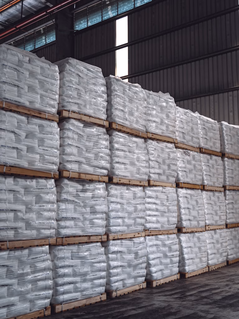 Warehouse with sacks stacked on pallets